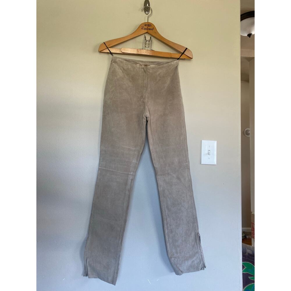 Y2K Express Light Brown Tan Suede Leather Pants Ankle Zip Half Lined Sz 27”/6
